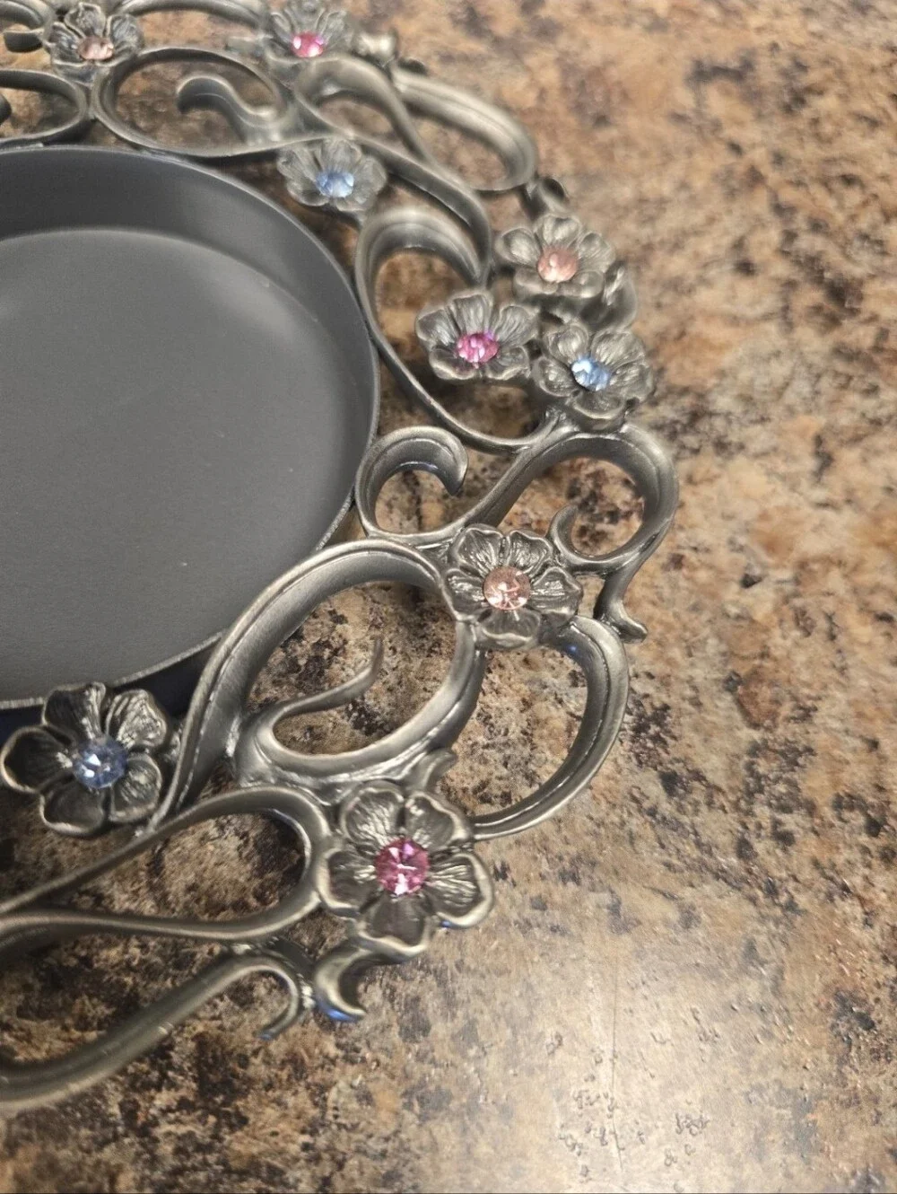 Floral Crystal Accent Candle Holder - Silver